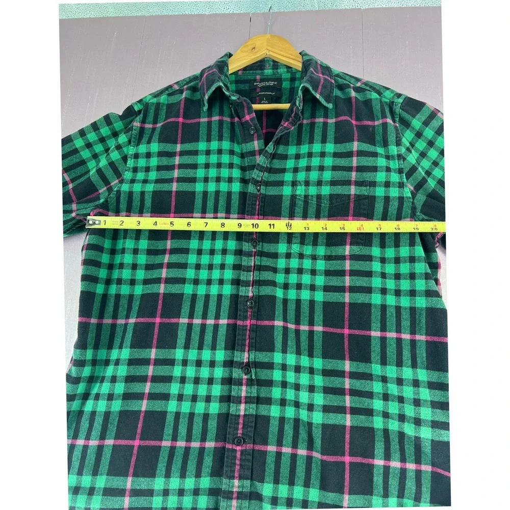 Banana Republic Mens Organic Cotton Green Black Buffalo Plaid Flannel Shirt Sz L